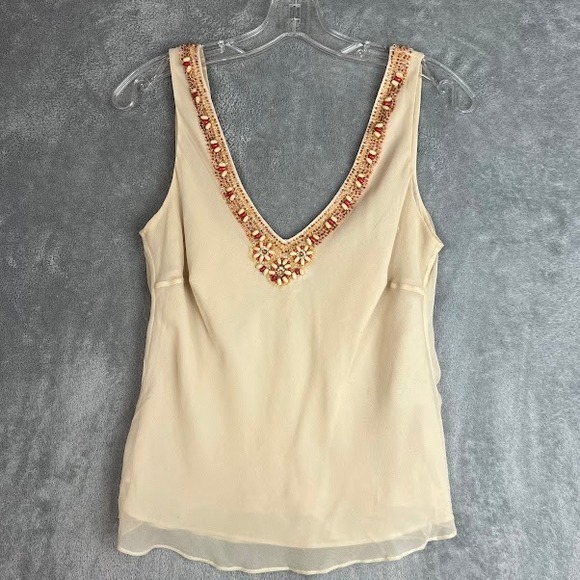 Cache Tops - Vintage Y2K Cache 100% Silk Tank Top Womens M Beaded Boho Fairy Basics Delicate